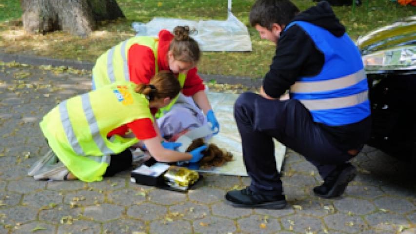 Schulsanitäter:innen versorgen die Kopfplatzwunde einer bewusstlosen Person.
